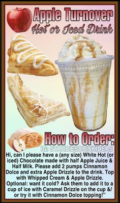 an advertisement for apple turnover pies and iced drink with information about how to order