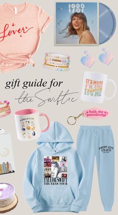 the gift guide for the suitete is displayed on a white background with pink and blue accessories