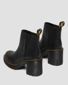 Spence Leather Flared Heel Chelsea Boots | Dr. Martens Heeled Dr Martens, Winter Dr Martens Outfits, Chelsea Boots Aesthetic, Dr Martens High Heels, Dr Martens Shoe, Heel Chelsea Boots, Heeled Chelsea Boots, On Top Of The World, Shoe Polish