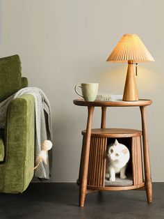 a white cat sitting in a wooden shelf next to a green chair and lamp on the floor