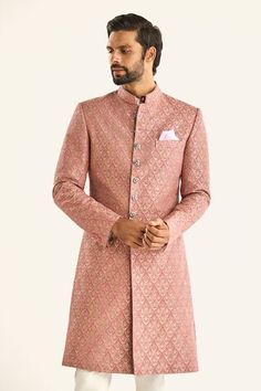 Pink straight sherwani with all over floral brocade pattern, elevated with embellishments. - Aza Fashions Festive Designer Traditional Wear In Brocade, Designer Brocade Sherwani For Eid, Designer Brocade Sherwani For Festive Season, Designer Brocade Sherwani For Festive Occasions, Designer Fitted Brocade Sherwani, Designer Brocade Sherwani With Zari Work, Raghavendra Rathore, Brocade Pattern, Sherwani For Men