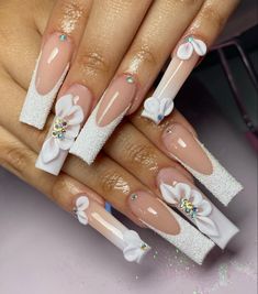 White acrylic french tip nails . Weddings nails 3d Acrylic Flowers, Crystal Nail Art, Secret Nails, 3d Flower Nails, Nail Art Charms, Diy Acrylic Nails, Exotic Nails