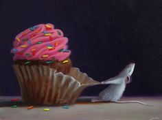 a painting of a cupcake with pink frosting and sprinkles on it