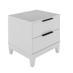 a white night stand with two drawers on one side and an open drawer on the other