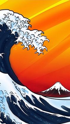 an image of the great wave coming in from the ocean with orange and yellow background