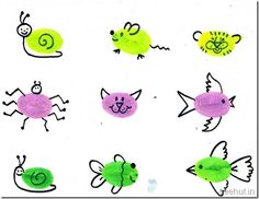 the drawing shows different types of animals and their names in green, purple, yellow and black