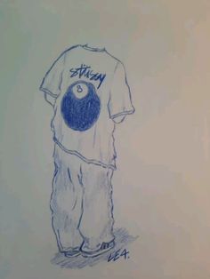 a drawing of a person wearing a shirt with a ball in the back and words written on it