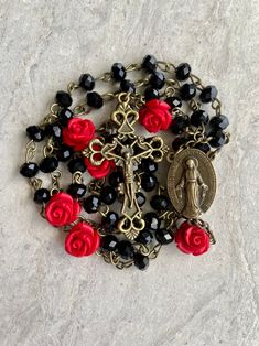 Handcrafted Catholic Prayer Rosary. Black Crystals With Red Rose Beads Accent & Bronze Cross and Medallion. Floral Pirate Rosary - Etsy Vintage Black Rosary As A Gift, Black Cross Rosary As Gift, Vintage Black Rosary As Gift, Vintage Black Rosary Gift, Black Crucifix Rosary Bracelet As Gift, Black Crucifix Rosary As Gift, Black Beads Cross Rosary Gift, Handmade Black Rosary Gift, Handmade Black Rosary For Gift