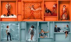 several images of people in different rooms with orange walls