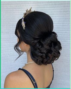 Regal Crown Hairstyles to Inspire You Quinceanera Hair Updo, Updo Quince Hairstyles, Sweet 16 Updo Hairstyles With Tiara, Hair Updos For Quinceanera, 15 Hair Quinceanera Bun, Hair Up Quinceanera Hairstyles, Low Bun Quince Hairstyles, Quinceanera Hairstyles Updo Buns