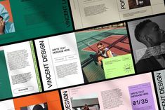 several brochures are stacked on top of each other in different colors and shapes