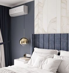 a bed with white sheets and pillows in a bedroom next to a wall mounted air conditioner