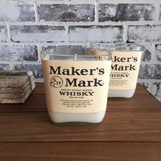 Recycled Maker's Mark Whiskey Candle. Batch#1: Whiskey and Sandalwood Local artisans hand-cut and sand these reclaimed bourbon bottles until they are smooth to the touch, and then fill them with high-grade soy wax and essential oils. This combination of soy wax and oils creates a clean-burning, long lasting, delightful smelling candle. We don't cut any corners- over 1lb or soy wax is used, with heavy, cotton wicks to ensure easy use. Average burn time is 80-120 hours for a 1lb candle. Each batch Bottle Candles Diy, Liquor Bottle Candles, Whiskey Candle, Bottle Candle, Glass Bottle Diy, Bottle Diy, Candle Ideas, Bottle Candles, Recycled Bottle