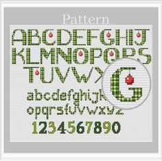 a cross stitch alphabet with an apple on it