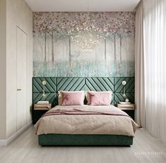 a bedroom with a green headboard and pink pillows on the bed in front of it