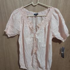 Unique Spectrum Blouse Shirt Sleeved Button Down Top Size Xl Casual Wear Pink 100% Cotton Never Worn, No Tags Casual Button-up Peasant Top For Summer, Casual Short Sleeve Peasant Top For Day Out, Boho Poncho, Multi Color Blouse, White Lace Blouse, Black Sheer Top, Poncho Tops, Animal Print Blouse, Gathered Sleeves