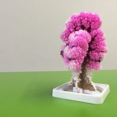 a small pink tree sitting on top of a green table