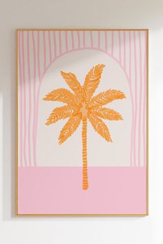 a pink and yellow palm tree on a white wall