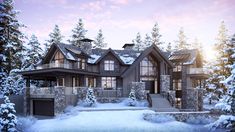 this is an artist's rendering of a house in the woods with snow on the ground