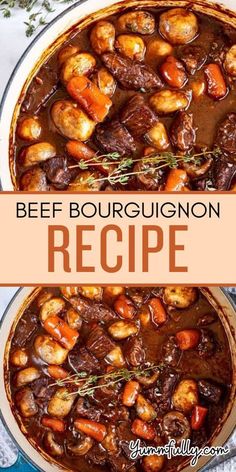 beef bourgugion recipe in a pot with the title above it