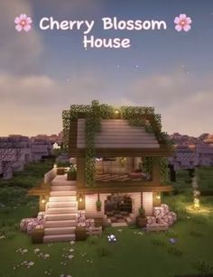 a house with stairs and flowers in the front yard for cherry blossom house on minecraft