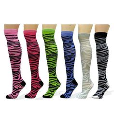 These Socks Fit Just Below The Knee Each Pack Includes 6 Pairs Of Socks, Perfect For Gift Giving. They Fit Women's And Girl's Shoe Sizes 4.5 To 10. 75% Acrylic / 15% Nylon / 10% Spandex Great Value! Affordable 6-Pack Of Assorted Colors And Designs Fun, Cute And Colorful Patterns. Comfortable Stretch For All Day Wear Machine Wash Warm Tumble Dry Low Sock Size 9-11, Women's Shoe Size 5-10 Color: Zebra Casual Multicolor Stockings, Stretchy Multicolor Trendy Knee-high Socks, Trendy Multicolor Stretch Knee-high Socks, Trendy Stretch Multicolor Stockings, Casual Multicolor Stretch Knee-high Socks, Casual Pink Hosiery, Colorful Patterns, Fun Cute, Knee High Socks