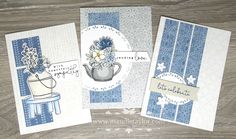 three cards with blue and white designs on them, one has flowers in a watering can