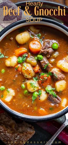 hearty beef and gnocchini soup in a bowl