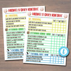 two printable baseball schedules on a wooden table