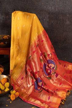 Handwoven Narali Kath yellow pure silk yeola paithani Luxury Paithani Silk Handloom Dupatta, Transitional Traditional Wear With Zari Work In Yellow, Yellow Traditional Wear With Zari Work For Transitional Season, Yellow Saree With Zari Work, Yellow Art Silk Traditional Wear For Transitional Season, Transitional Yellow Art Silk Traditional Wear, Unstitched Yellow Traditional Wear In Raw Silk, Yellow Unstitched Raw Silk Traditional Wear, Multicolor Paithani Silk Saree With Tilla