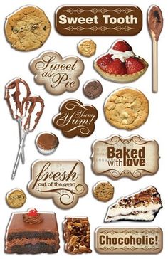 a variety of sweet treats and desserts are displayed on a sticker sheet that says sweet tooth