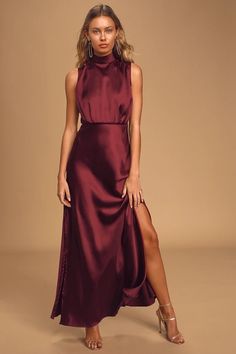 Wine Satin Dress - Mock Neck Maxi Dress - Sleeveless Dress - Lulus The Story Of Us, Black Tie Wedding Guests, Fall Wedding Guest Dress, Burgundy Bridesmaid Dresses, Party Kleidung, Mock Neck Dress, Split Maxi Dress