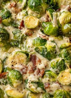 brussel sprouts and bacon are mixed together in a pizza crust with melted cheese