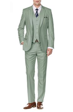 Bring understated elegance to the table in this three-piece suit crafted from rich fabric in a classic single-breasted silhouette. Jacket has notched lapels; chest welt pocket; front flap pockets Vest has front button closure; V-neck Pants have zip fly with button closure; front slant pockets; back button-welt pockets Jacket and vest are lined; trousers are lined to the knee 65% polyester, 35% viscose Dry clean Imported Elegant Fitted Solid Color Sets, Elegant Fitted Sets, Elegant Tailored Sets With Flat Front, Semi-formal Fitted Sets With Flat Front, Fitted Semi-formal Set With Flat Front, Elegant Green Slim Fit Suits, Elegant Solid Color Business Sets, Classic Green Slim Fit Sets, Elegant Slim Fit Solid Color Set