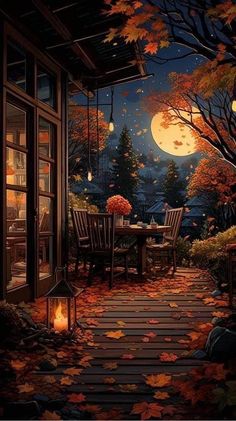 a porch with fall leaves on the ground and a full moon in the sky above it