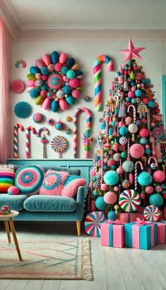 a brightly colored christmas tree in a living room decorated with candy canes and lollipops