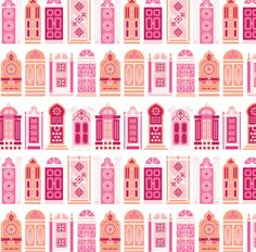 a pink and orange wallpaper with many different types of doors, windows and doorways