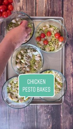 chicken pesto bakes in glass bowls on a tray with cherry tomatoes and lettuce