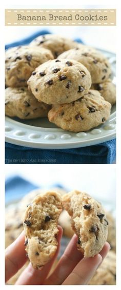 banana bread cookies with chocolate chips are on a plate and in the foreground there is a hand holding one