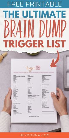 Productivity hack Brain Dump Sheet Trigger List For Brain Dump, Brain Dump Planner Page, Trigger List For Planners, Planner Trigger List, Brain Dump Template Free Printables, Brain Dump Trigger List, Daily Brain Dump, Brain Dump Ideas, Brain Dump List