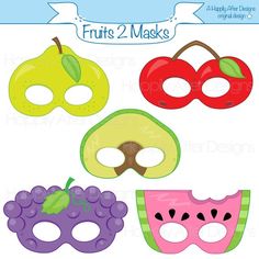 four masks with fruit on them and the words fruits 2 masks written in white lettering