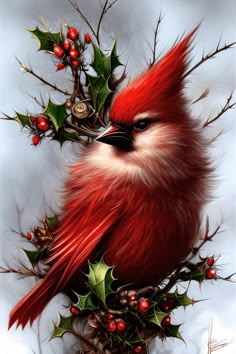 a red bird sitting on top of a tree filled with berries