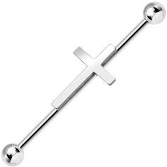 a stainless steel barbell with a cross on it