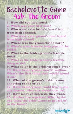 a poem written in pink and white with the words bachelor game ask the groom