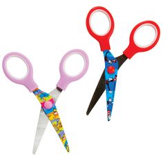 two pairs of children's scissors with cartoon characters on them, one pink and the other blue