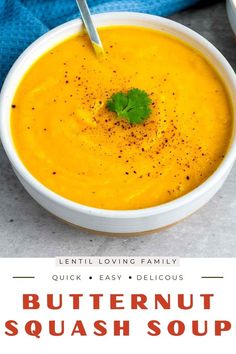 Two bowls of butternut squash soup on a grey surface. Savory Butternut Squash Soup, Savory Butternut Squash, Easy Soup Recipe, Vegan Butternut Squash Soup, Vegan Butternut Squash, French Soup, Butternut Soup, Dairy Free Soup, Butternut Squash Recipes Soup