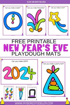 printable new year's eve playdough mats for kids to color and decorate