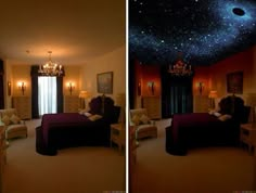 two pictures of a bedroom with a bed, chandelier and stars on the ceiling