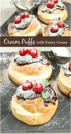 cream puffs with pastry cream and cherries on top are ready to be eaten