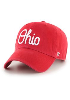 This Ohio State Buckeyes Red Adjustable Hat features a front embroidered team logo on an unstructured cotton crown with pre-curved visor and adjustable closure. 47 Clean Up, Front embroidered team logo, Side '47 embroidery, Metal buckle on the back to dial in the custom fit., Adjustable Closure, Cotton material, Fit: True to Size, Cotton, Wipe clean with cloth or cleaning kit, 4 Cotton Snapback Baseball Cap For Sports Fans, Adjustable Sports Fan Hat With Curved Visor, Team-colored Cotton Hats With Curved Brim, Team-colored Adjustable Fitted Hat With Curved Brim, Red Adjustable Baseball Cap For Game Day, Cotton Baseball Cap For Fans During Baseball Season, Cotton Sports Fan Hat With Curved Brim, Red Cotton Fan Gear Hats, Red Cotton Hats For Fan Gear